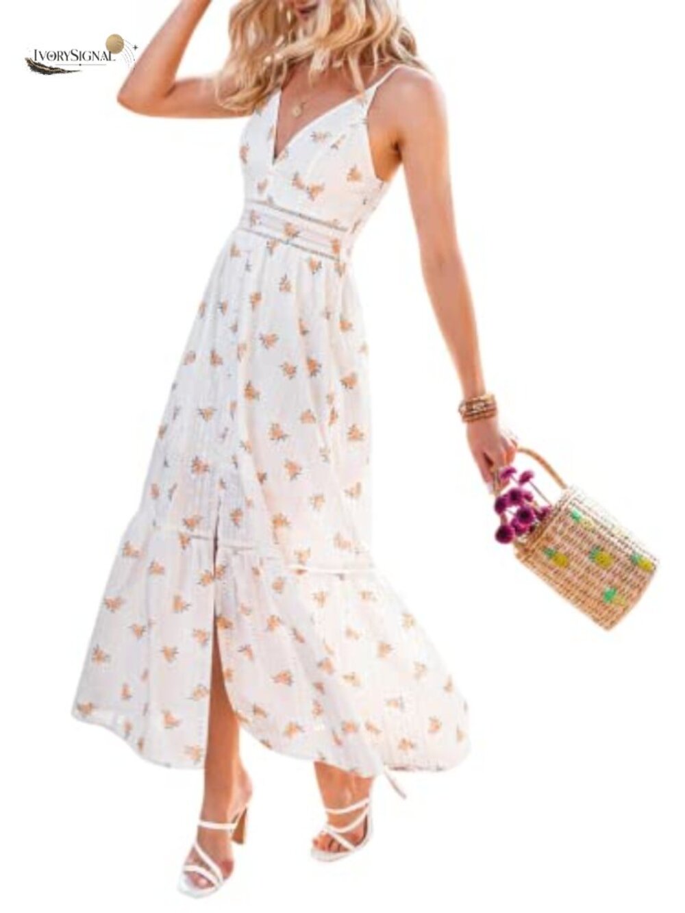 Women's Embroidery Pearl Button Down V Neck Spaghetti Strap Maxi Dress